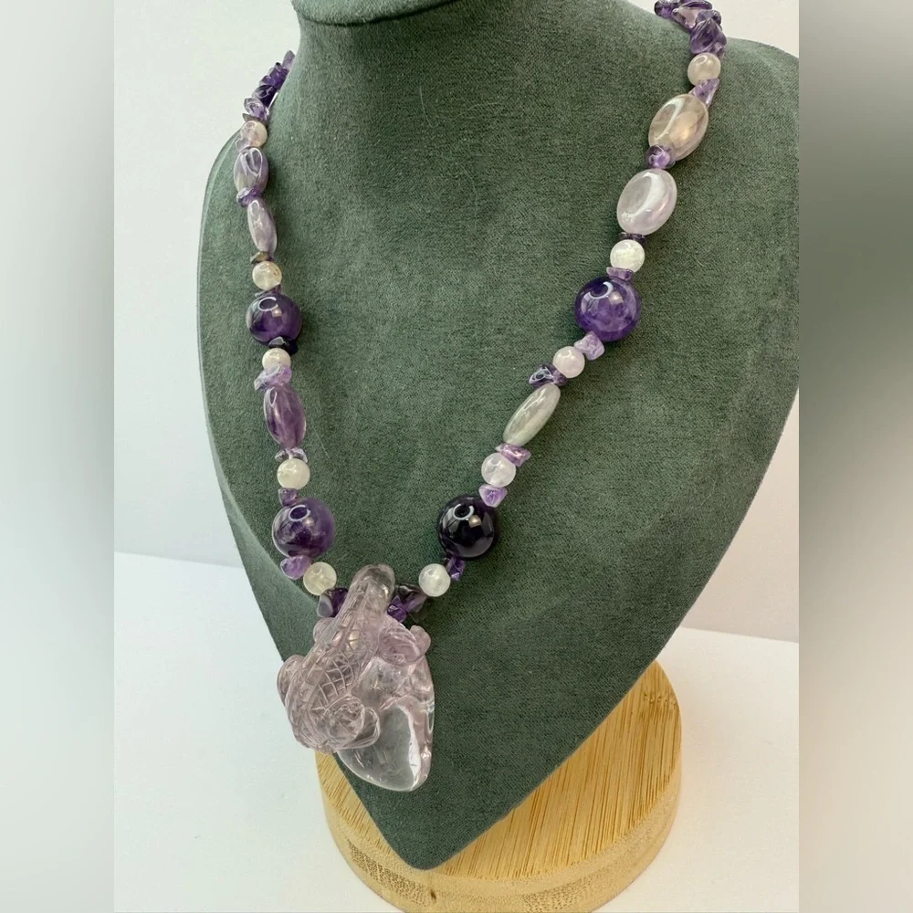 Carved amethyst lizard pendant with amethyst rock crystal necklace